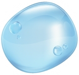 A close up of a blue bubble with water drops on a white background.