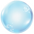 A blue soap bubble with bubbles coming out of it on a white background.
