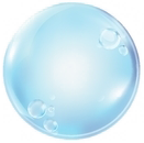 A blue soap bubble with bubbles coming out of it on a white background.