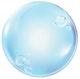 A blue soap bubble with bubbles coming out of it on a white background.