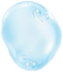 A close up of a drop of water with bubbles on a white background.