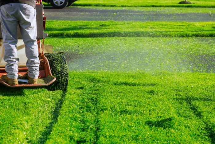 A man is mowing a lush green lawn with a lawn mower.