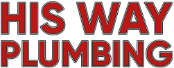 A red and white logo for His Way Plumbing