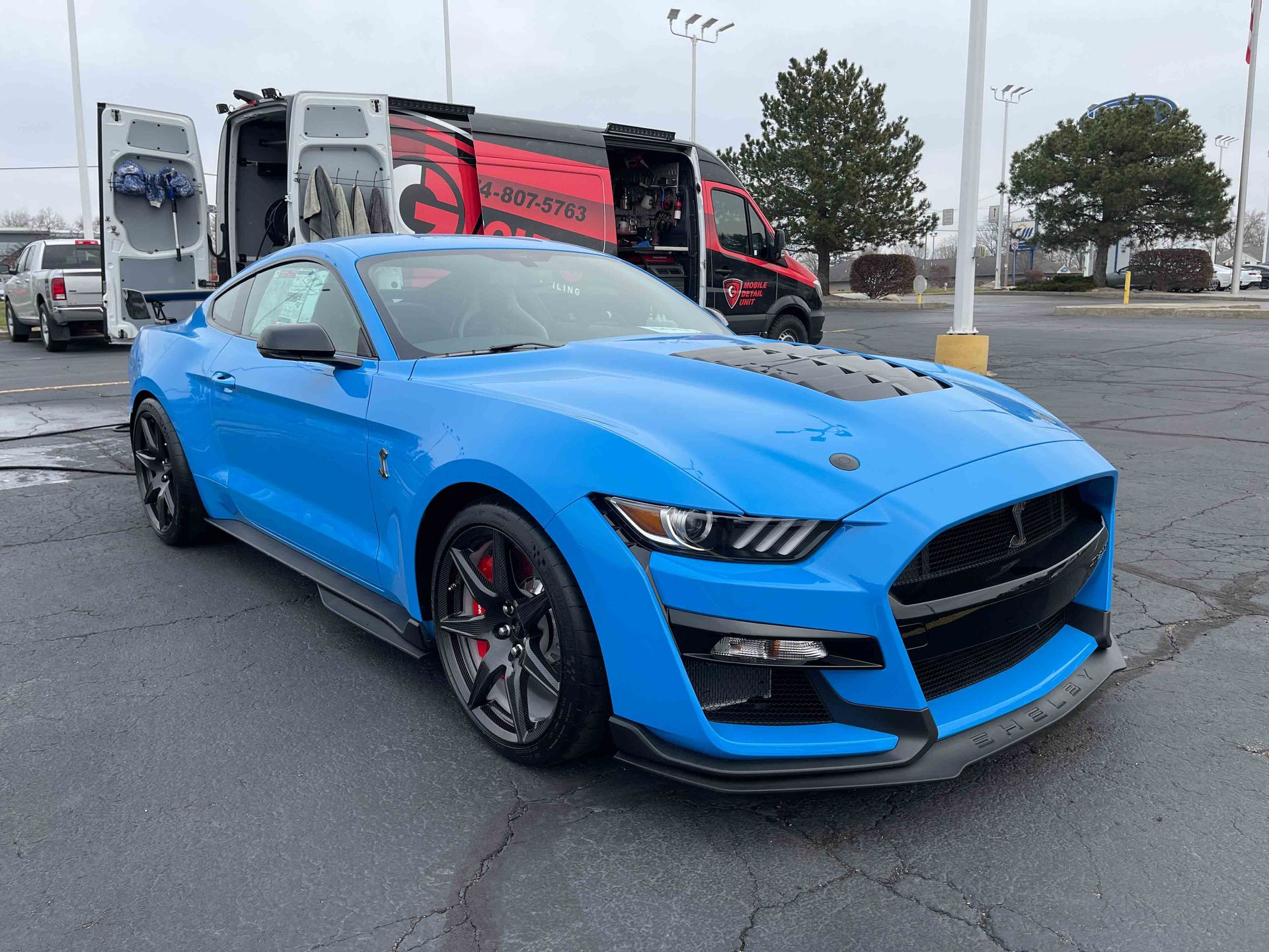 Blue Ford Mustang Shelby GT500 parked outside with a red and black van in the background.