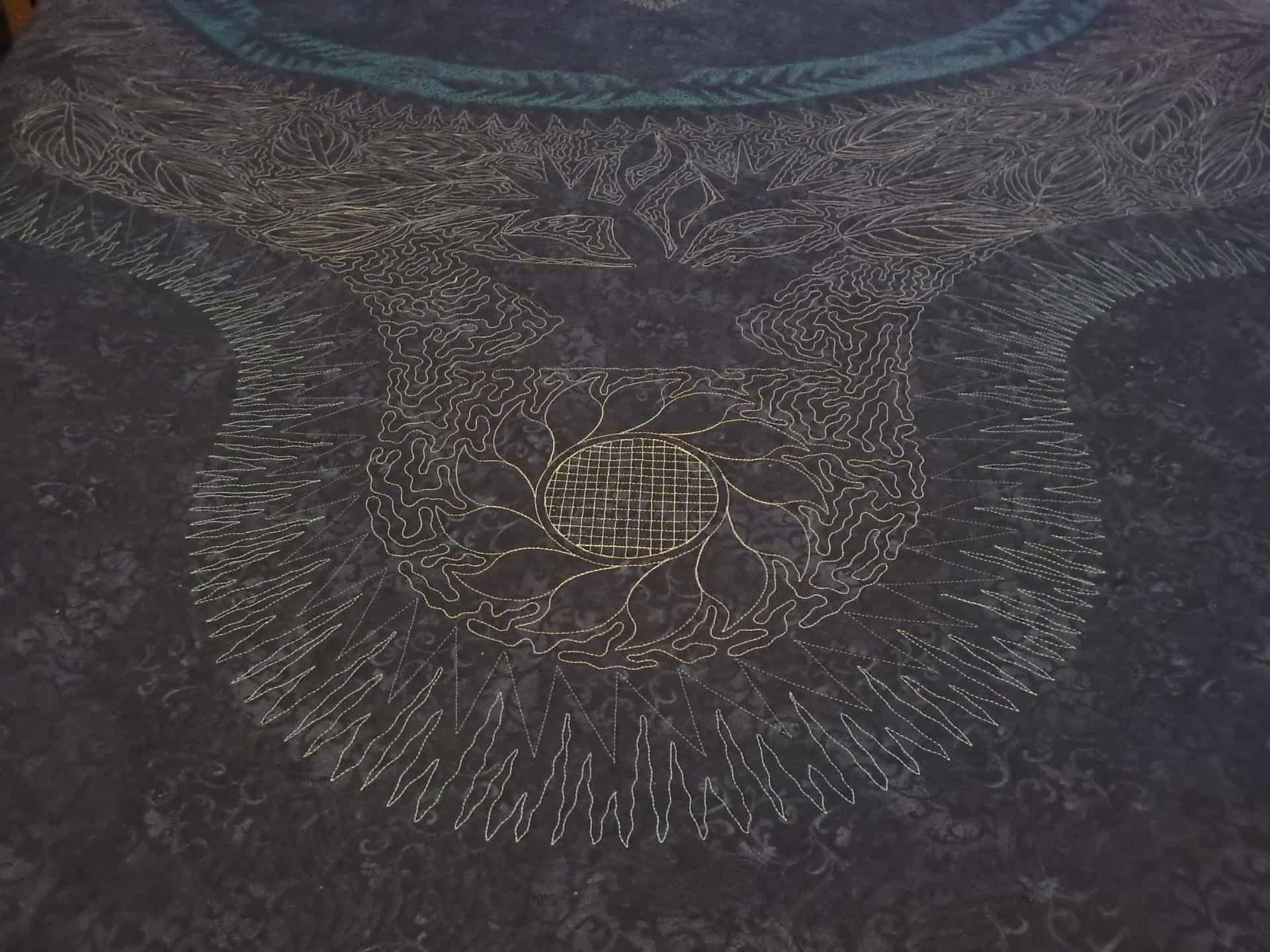 Dark Blue Shirt With Intricate Silver Embroidery Around the Neck and Chest — Morning Star Quilting in Bateau Bay, NSW