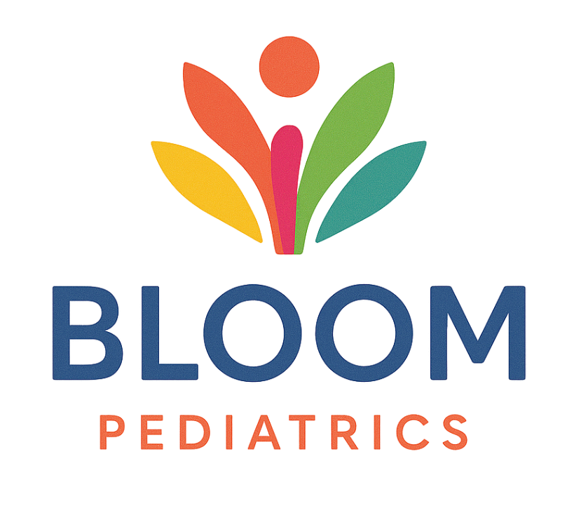 Logo for Bloom Pediatrics: colorful floral design over the text "BLOOM PEDIATRICS" in blue and orange.