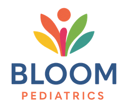 Logo for Bloom Pediatrics: colorful floral design over the text "BLOOM PEDIATRICS" in blue and orange.
