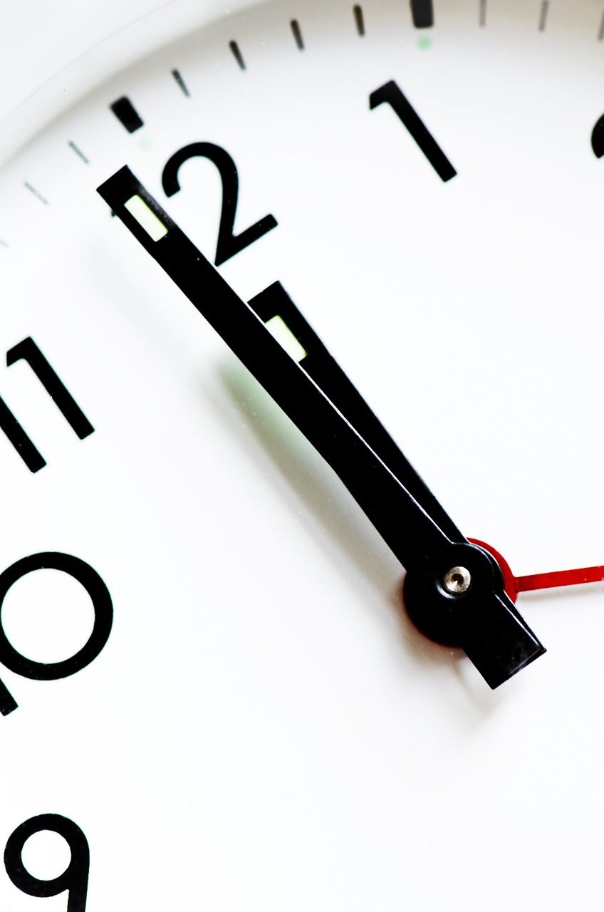 Clock face showing hands just before 12 o'clock. Black hands, red second hand on white face.
