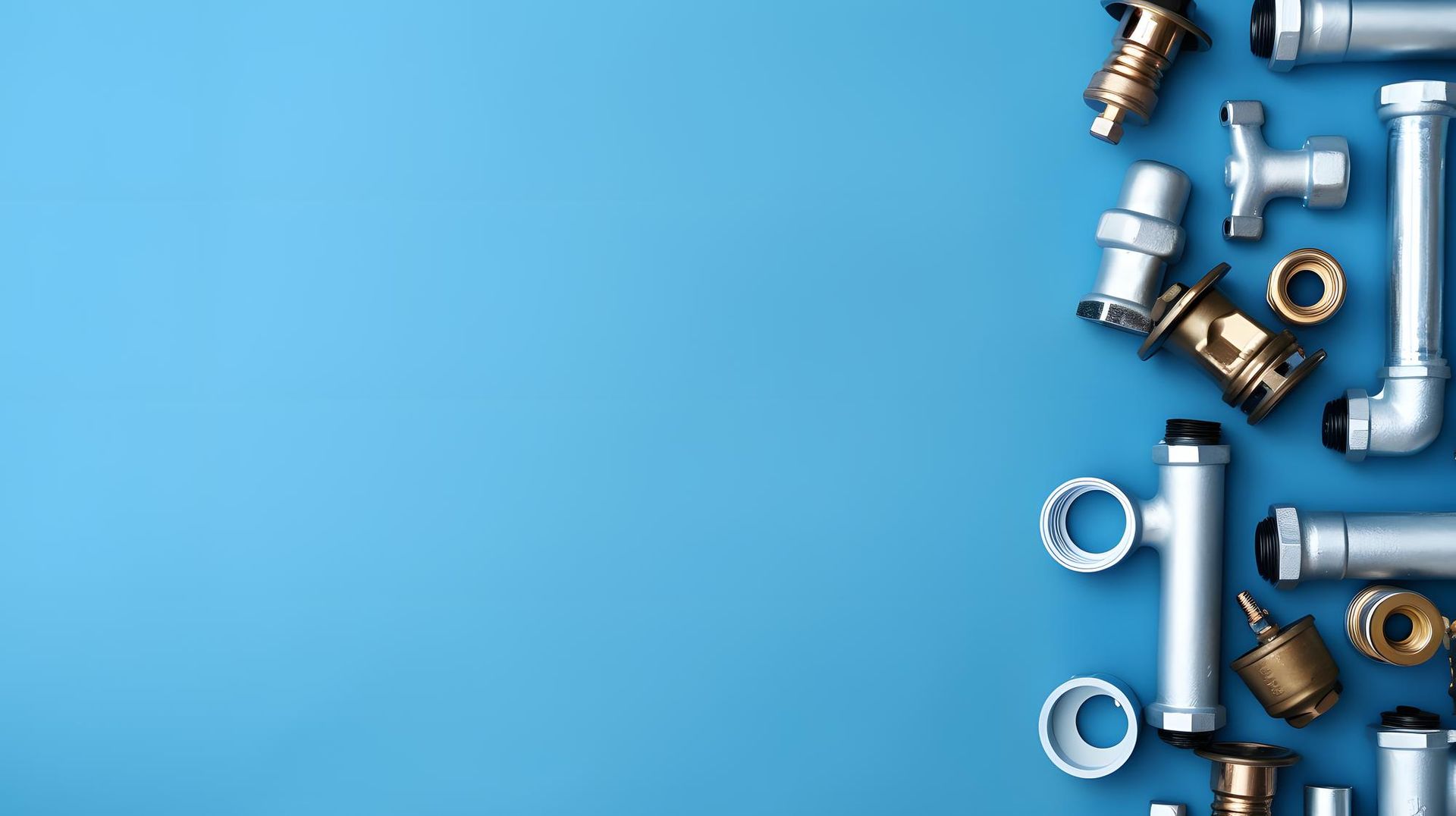 Plumbing parts, including pipes and valves, arranged on a blue background.