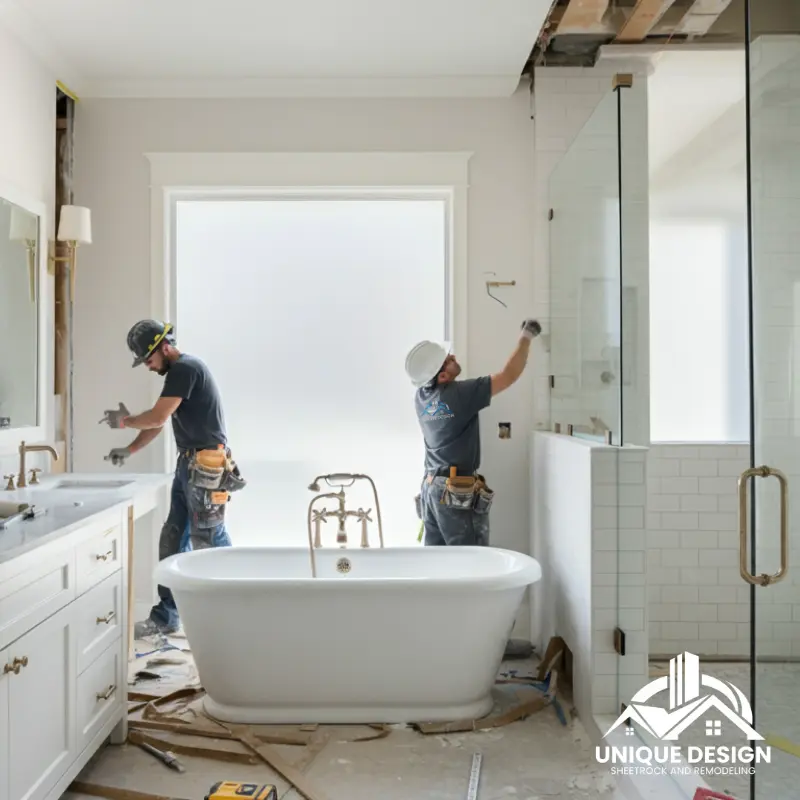 Two construction workers installing fixtures in a bathroom undergoing renovation.