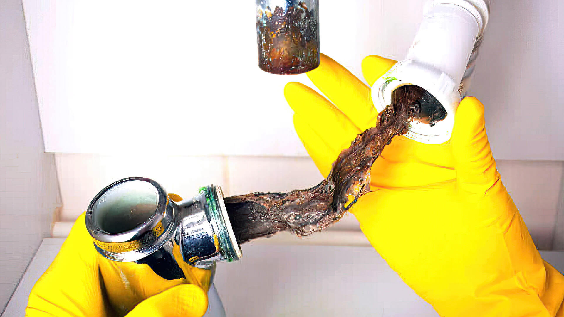 Hands in yellow gloves holding a corroded sink pipe, showing a clog of rust and debris.