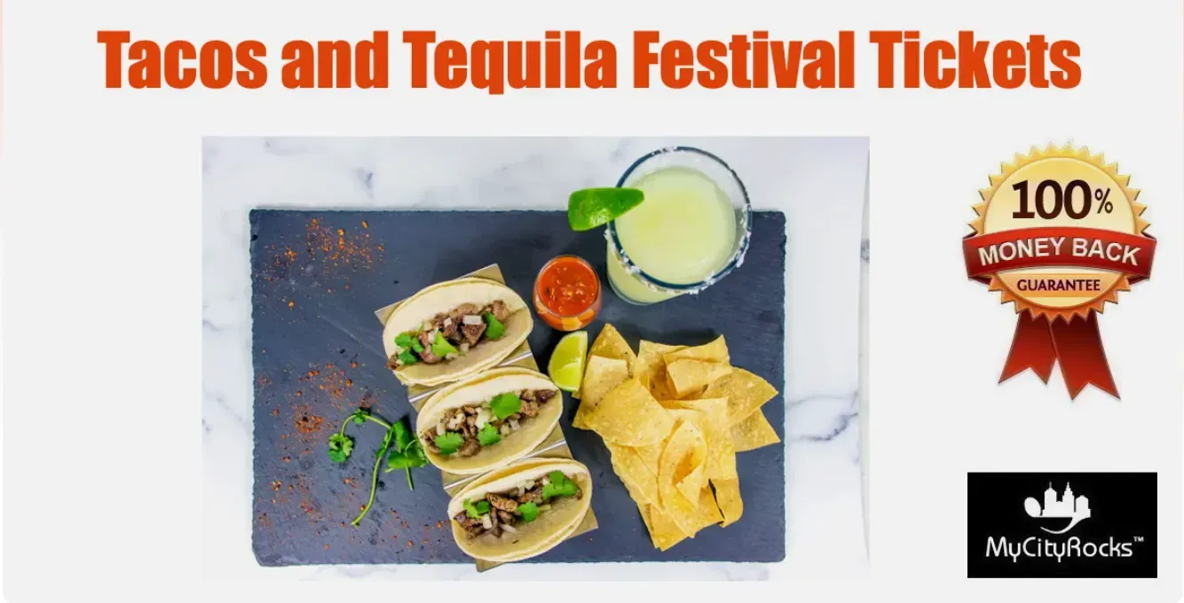 Tacos and Tequila Festival promotional image: Tacos, margarita, chips, and salsa on a platter. Money-back guarantee seal.