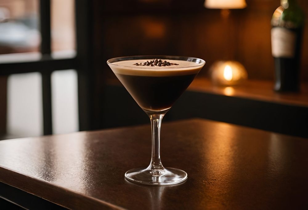 A coffee martini in a stemmed glass on a dark wooden bar; black liquid with a light foam top and coffee bean garnish.