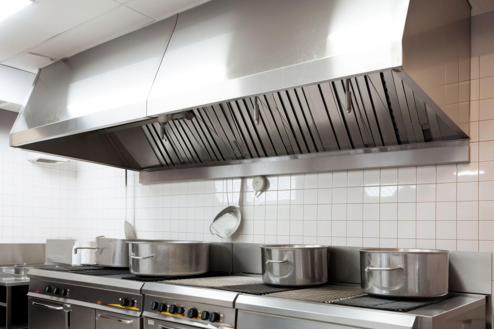 A kitchen with stainless steel appliances and pots and pans on the stove.