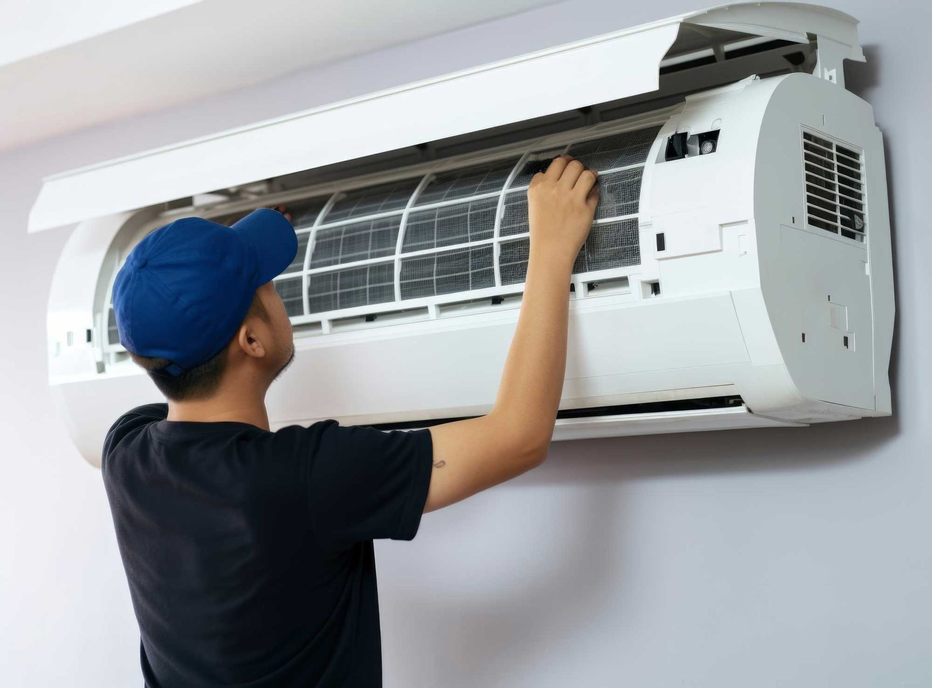 Professional AC technician repairing a splitter unit.