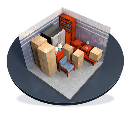 A 3d model of a room filled with furniture and boxes.