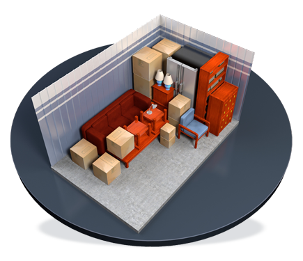 A 3d model of a room filled with furniture and boxes.