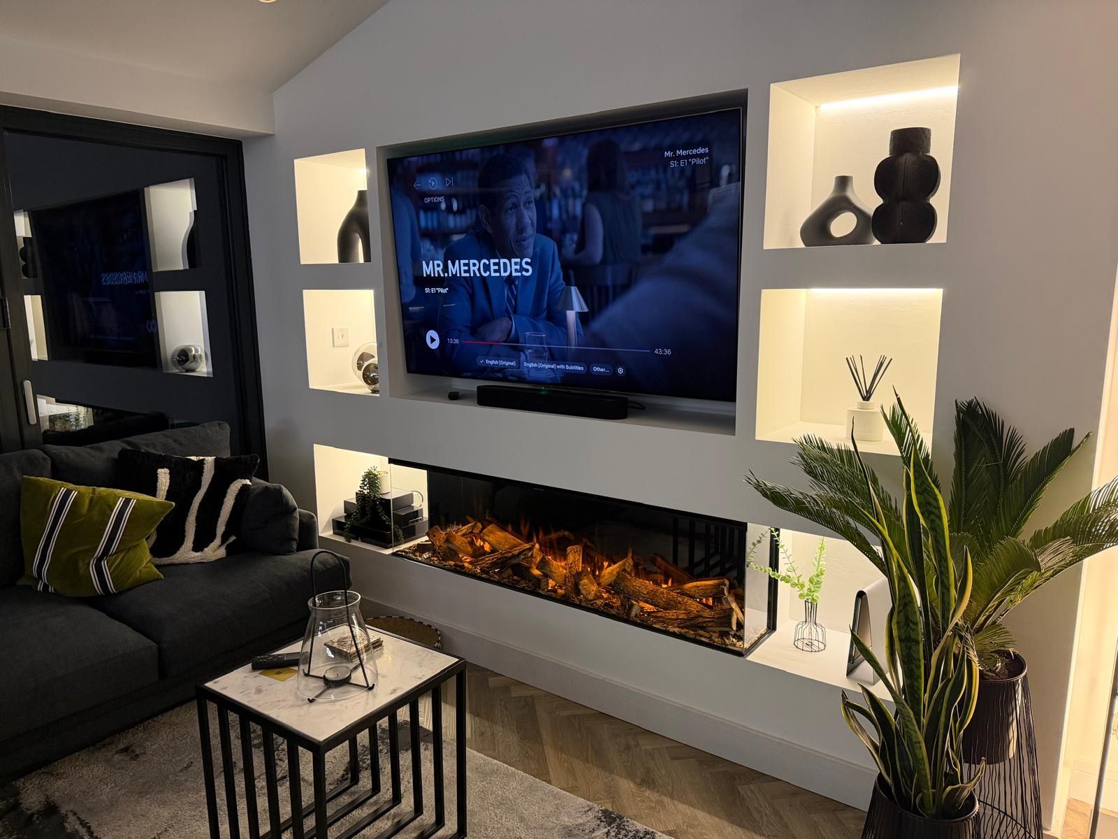 new forest 1600 in a media wall with shelving and lights