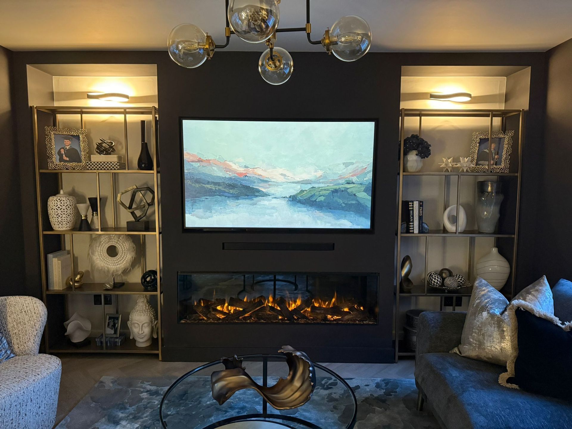 1600mm electric fire with all  upgrades in a media wall