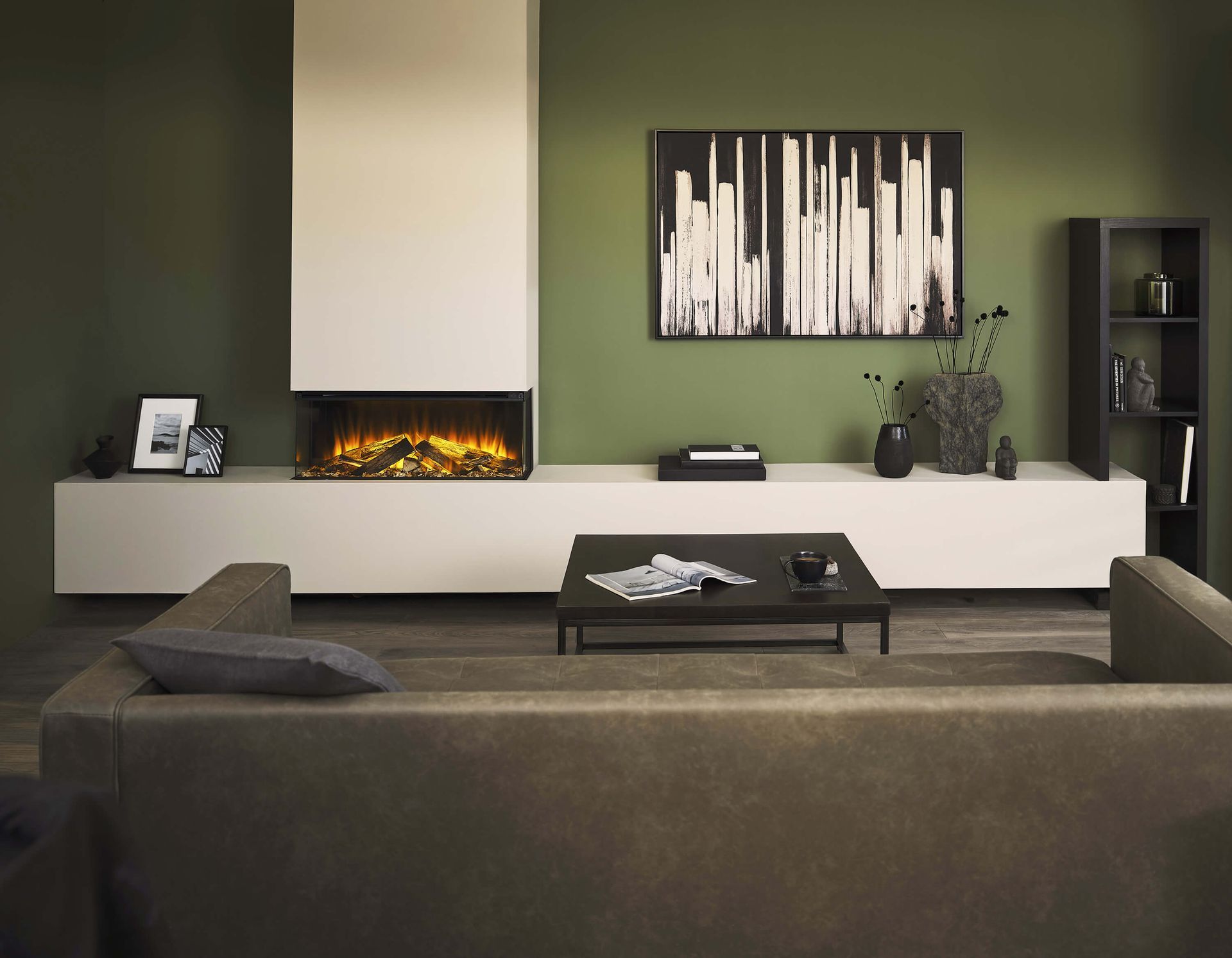 new forest 870 shown three sided in a modern chimney breast