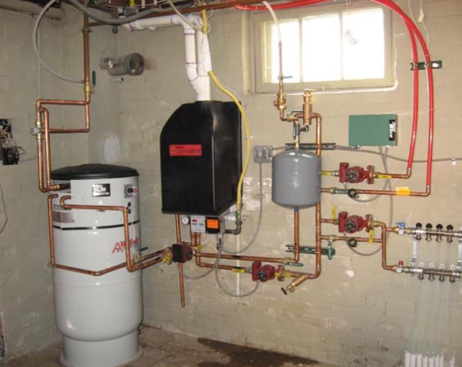 A room with a water heater and copper pipes