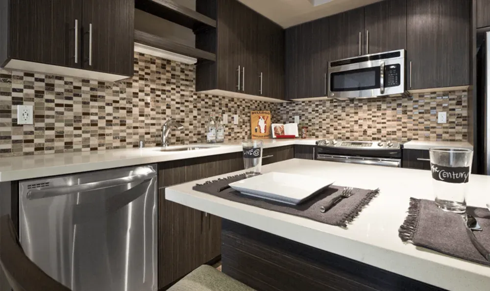 Interior apartment kitchen with stainless-steel appliances, dark cabinets, and tile backsplash.