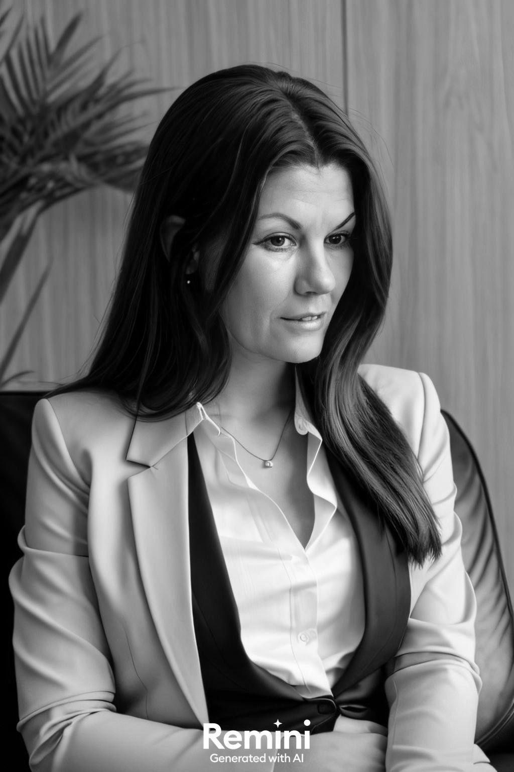 A black and white photo of a woman in a suit sitting in a chair.
