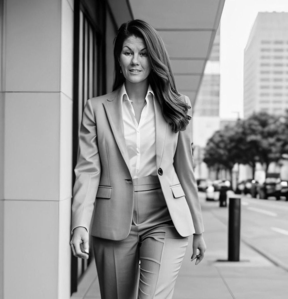 A woman in a suit is walking down a sidewalk in a black and white photo.
