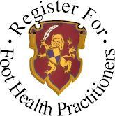 The logo for register for foot health practitioners is a shield with a lion on it.