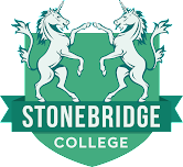 A logo for stonebridge college with two unicorns on a green shield.
