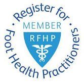 It is a badge that says `` register for member rfhp foot health practitioners ''.