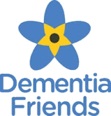The logo for dementia friends has a blue flower with a yellow center.