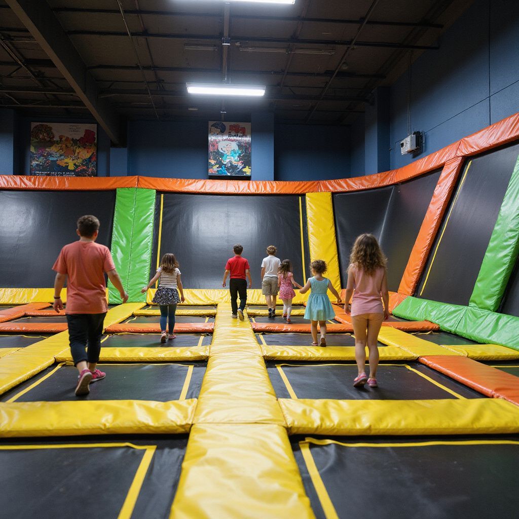 People walking on interconnected trampolines inside a large recreation center.