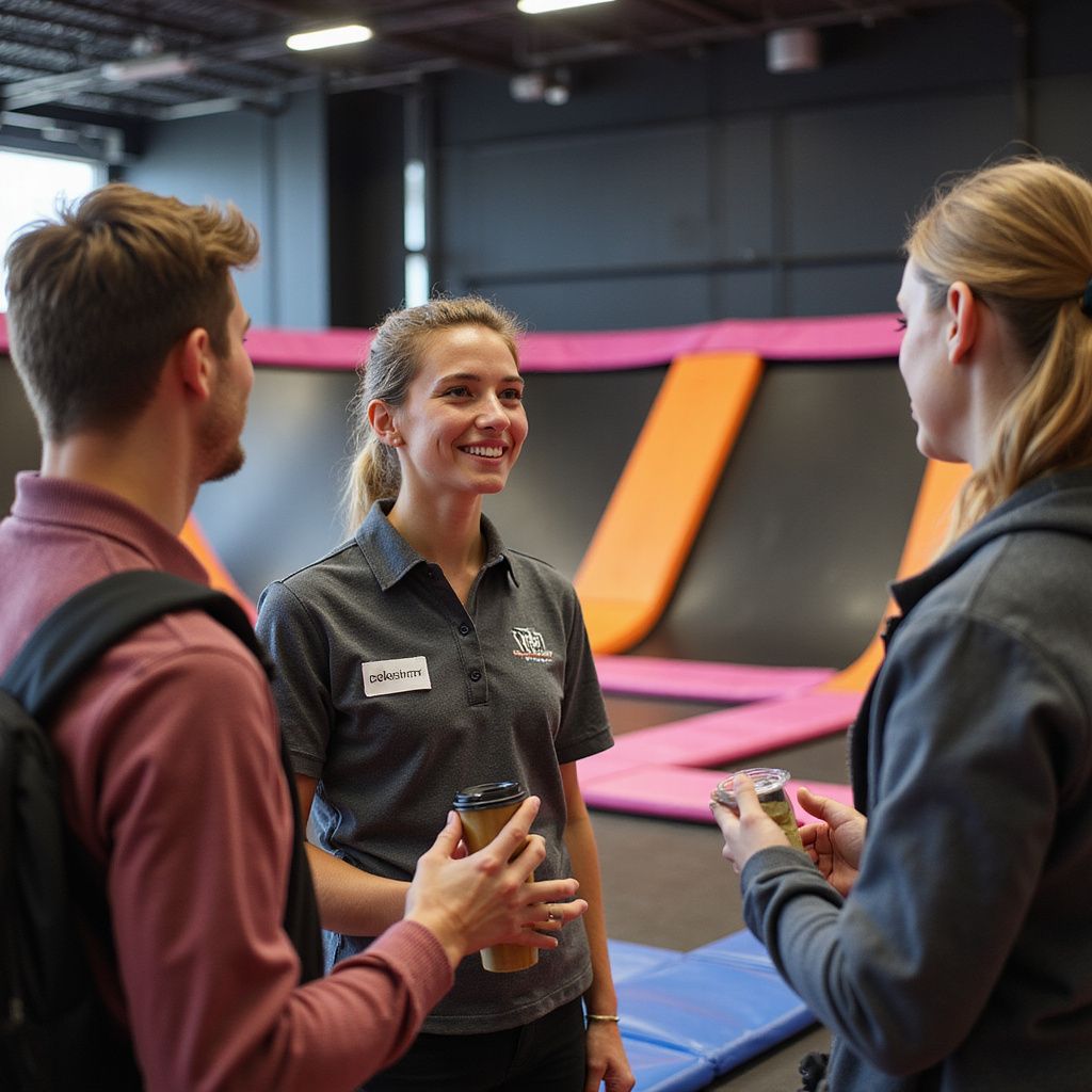Three people talking near trampolines in a sports facility. The woman in the middle wears a uniform, smiling.