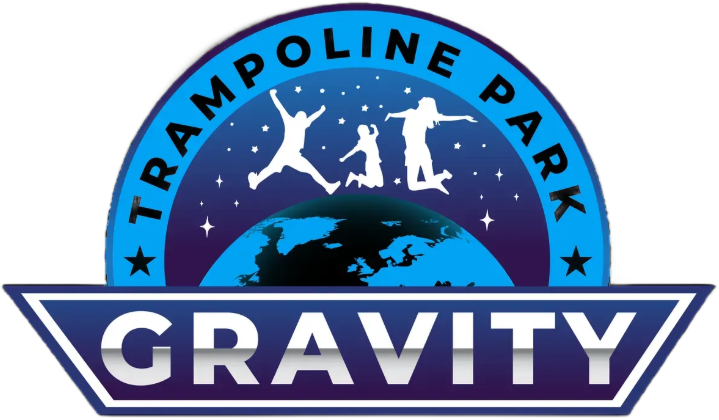 Logo for Gravity Trampoline Park: Blue arch with silhouetted jumpers above a globe, over a blue banner with
