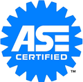 A blue and white logo that says ase certified