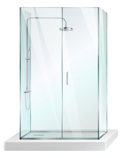 Modern glass shower enclosure with sliding door, chrome fixtures, and white base.