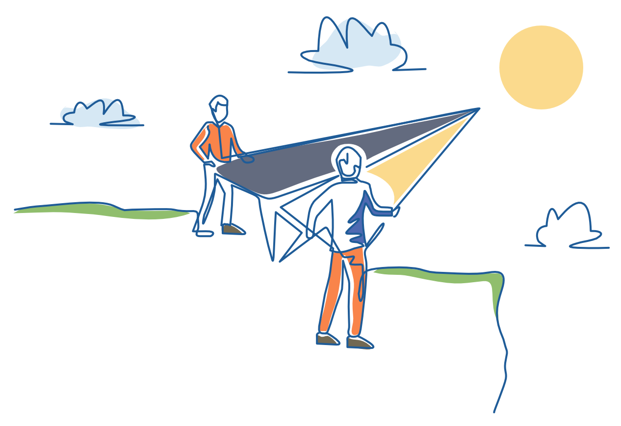 A drawing of two people flying a kite on top of a cliff.