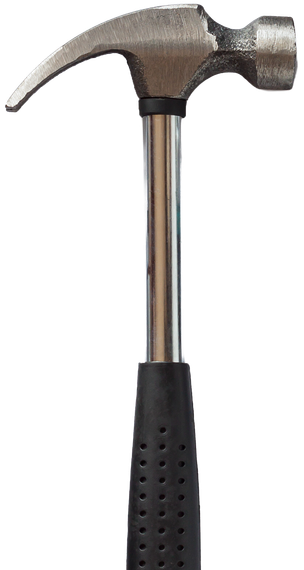 A close up of a hammer with a black handle on a white background.
