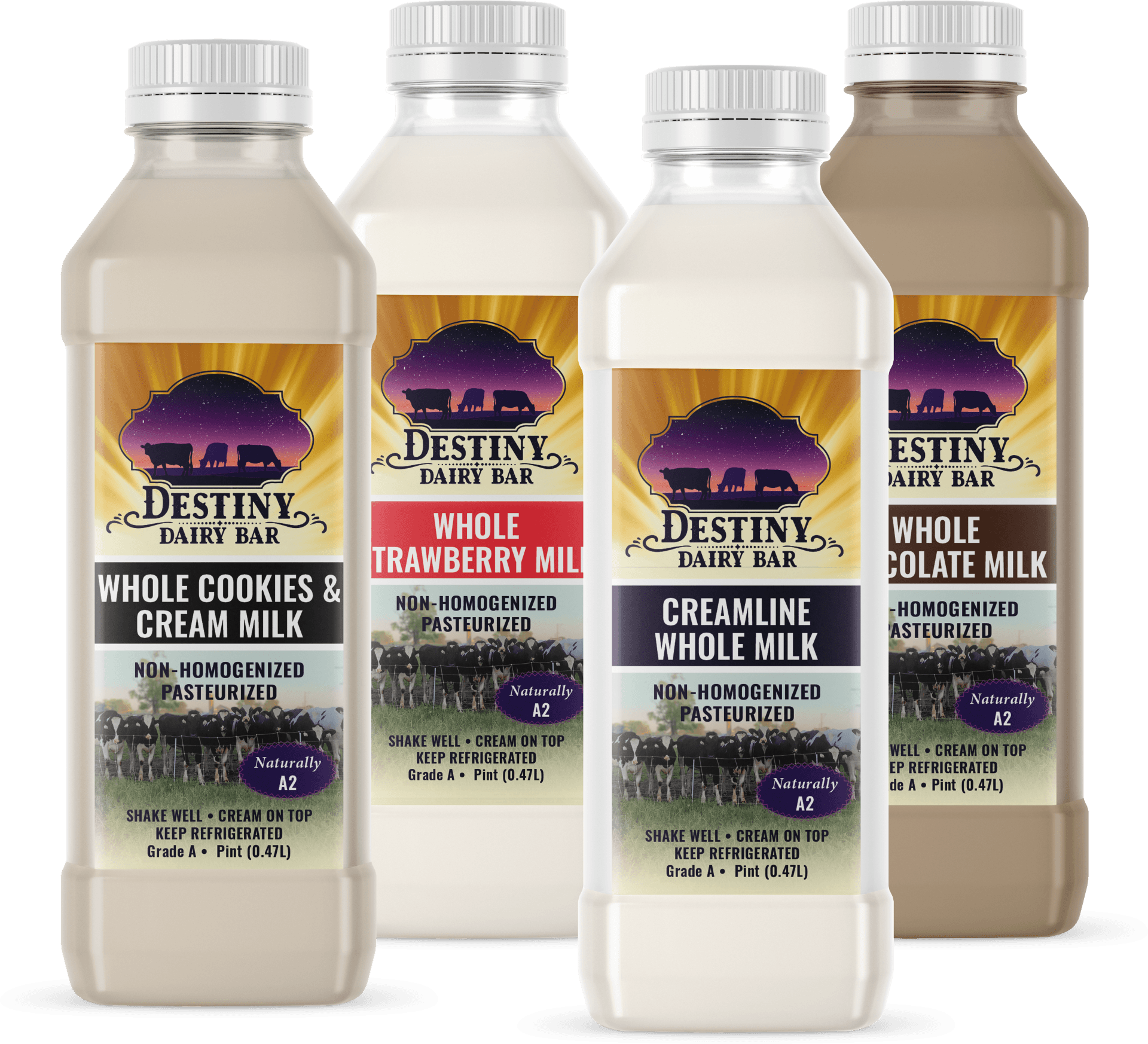 Destiny Dairy Bar - Milk Flavors - Whole Cookies & Cream Milk, Whole Strawberry Milk, Creamline Whole Milk, Whole Chocolate Milk