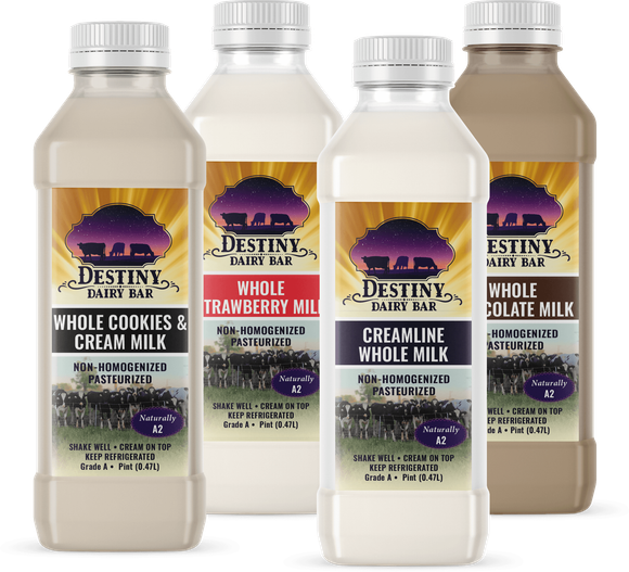 Destiny Dairy Bar - Milk Flavors - Whole Cookies & Cream Milk, Whole Strawberry Milk, Creamline Whole Milk, Whole Chocolate Milk