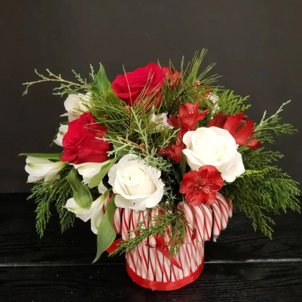 A candy cane vase filled with red and white flowers