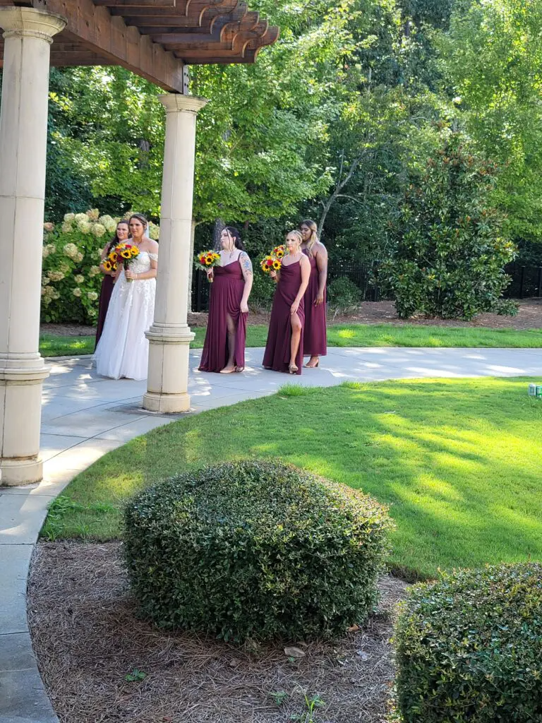A bride and her bridesmaids are standing under a pergola.