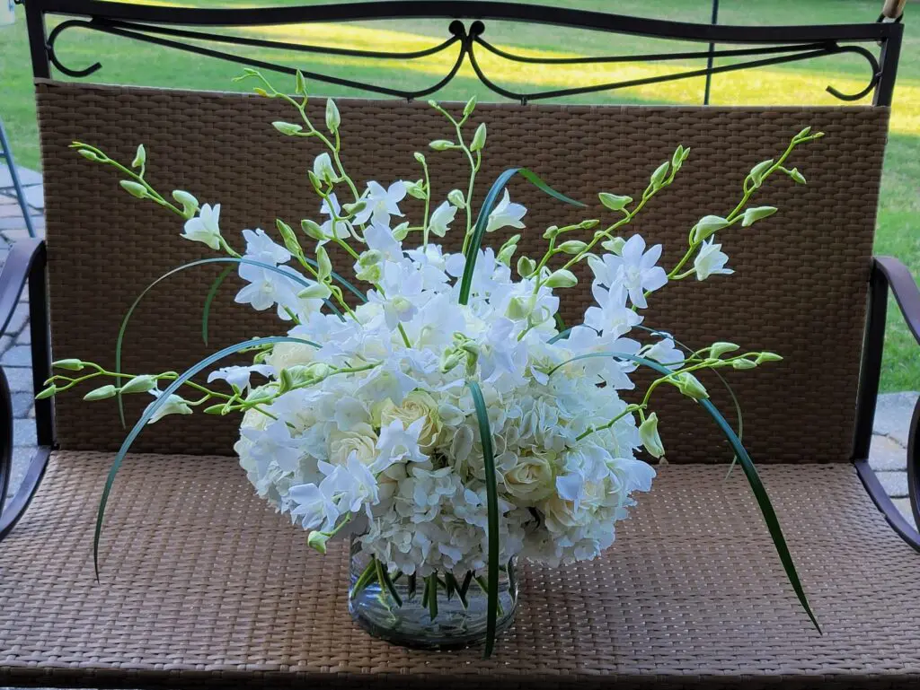 A vase filled with white flowers sits on a bench