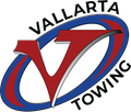 Vallarta Towing logo: Red "V" inside blue and red oval, black text: VALLARTA TOWING.