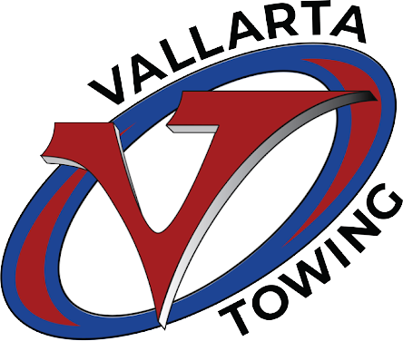 Vallarta Towing logo: Red "V" inside blue and red oval, black text: VALLARTA TOWING.
