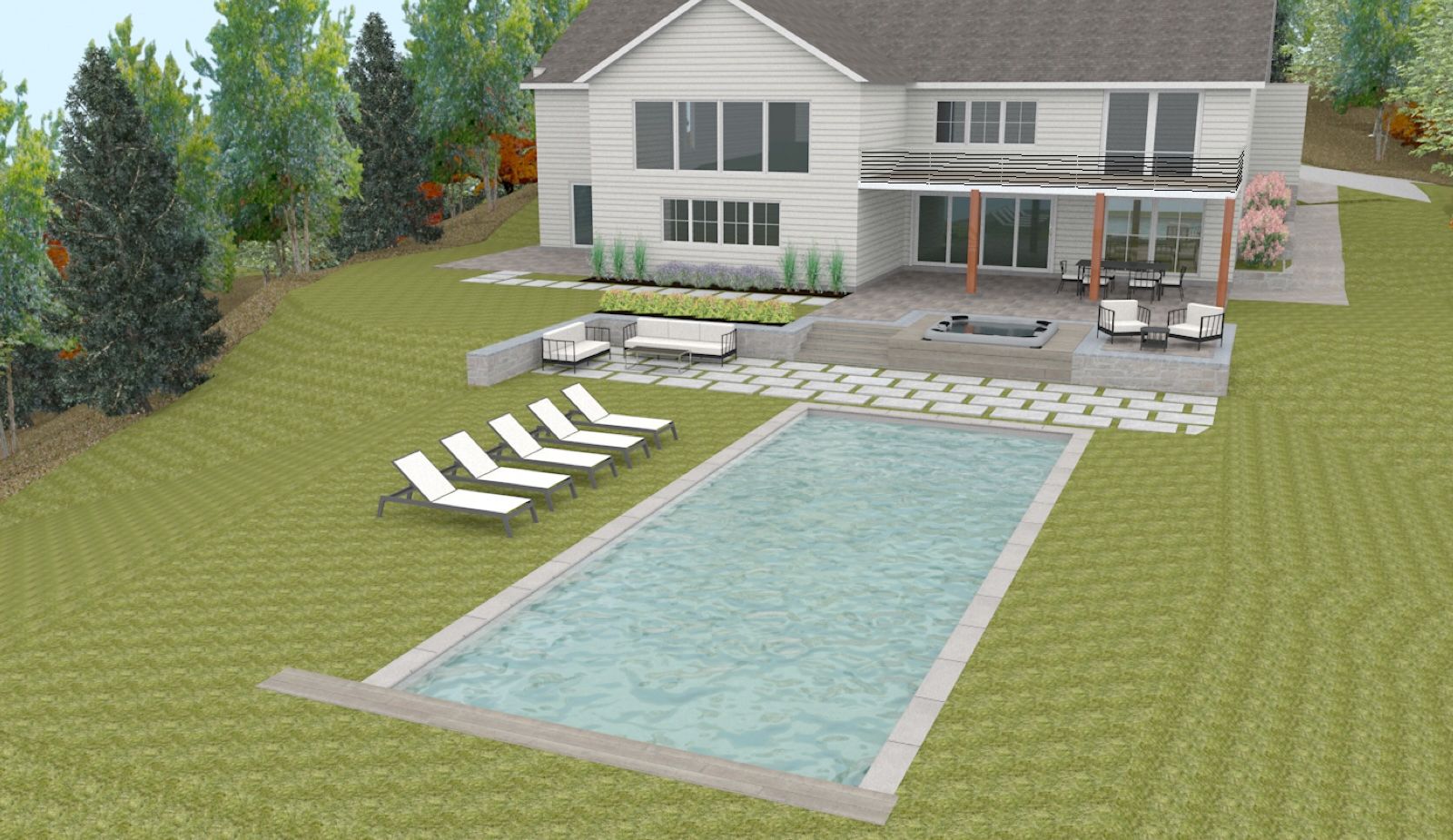 Donut-shaped inflatable float in a bright blue swimming pool with wooden deck and lounge chairs in the background.