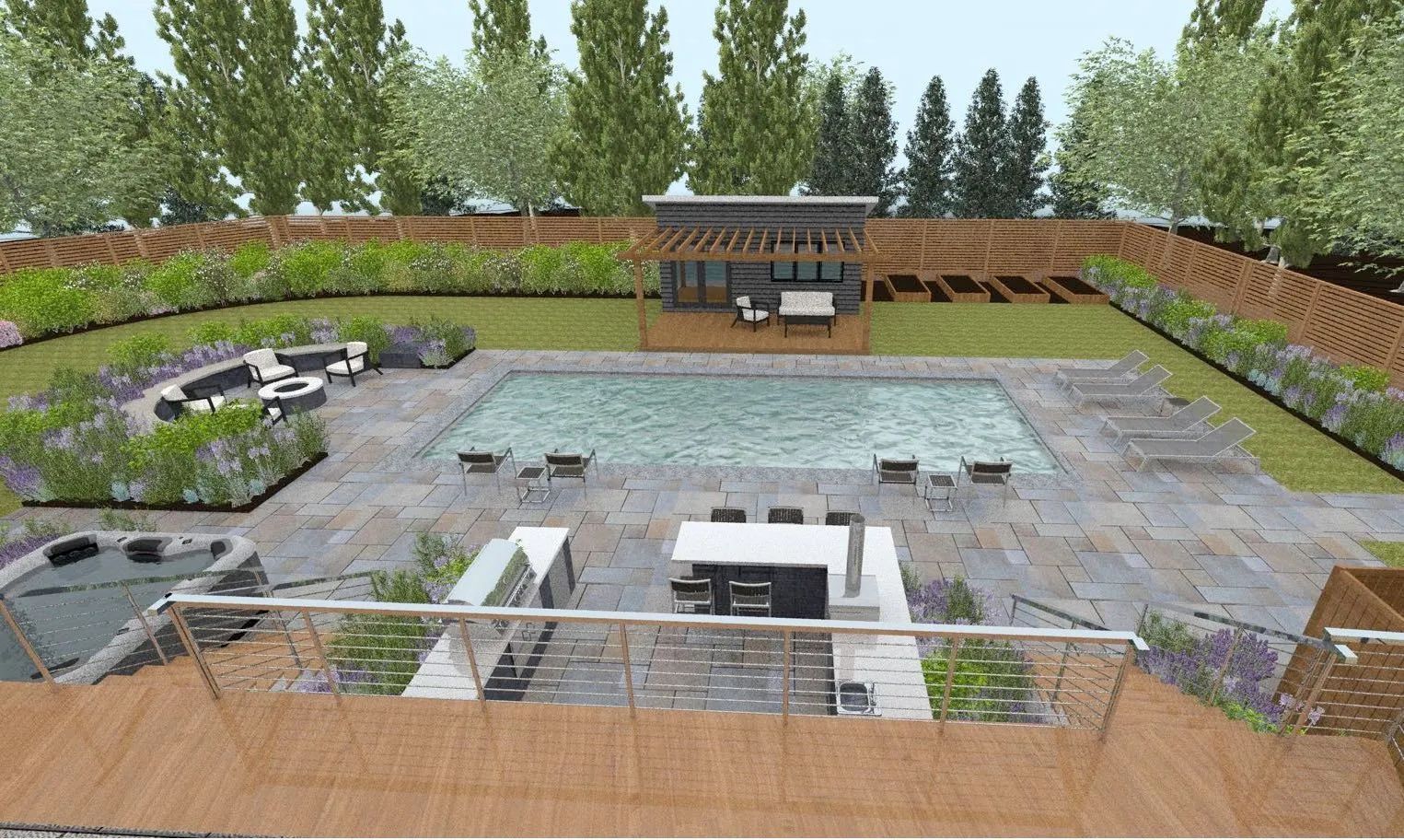 Blue swimming pool with stone edging, waterfall, and steps.