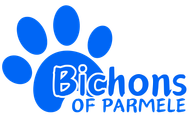 A blue logo for bichons of parmele with a paw print