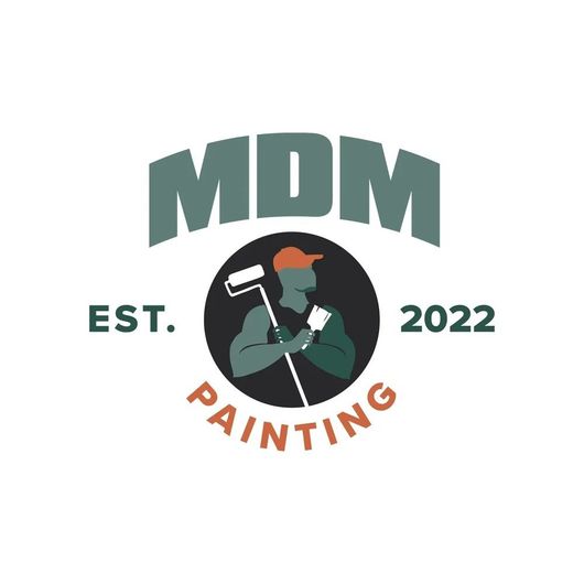 Logo for MDM Painting: a painter with roller, in a dark circle; “MDM” over it. “Painting” below.